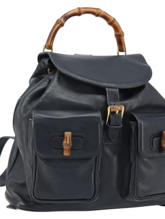 GUCCI Bamboo Backpack Leather Black Gold 003 2058 0016 Auth gh2009 main image 12